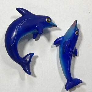 Vintage Blue Dolphin Wall Plaques Pair Ceramic Nautical Wall Decor 1980s Kitsch
